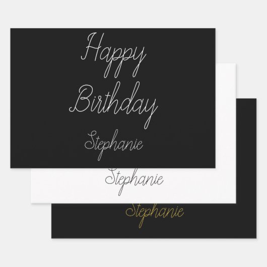 Happy Birthday Monogram Name Schwarz-weiß Gold Geschenkpapier Set (Set)