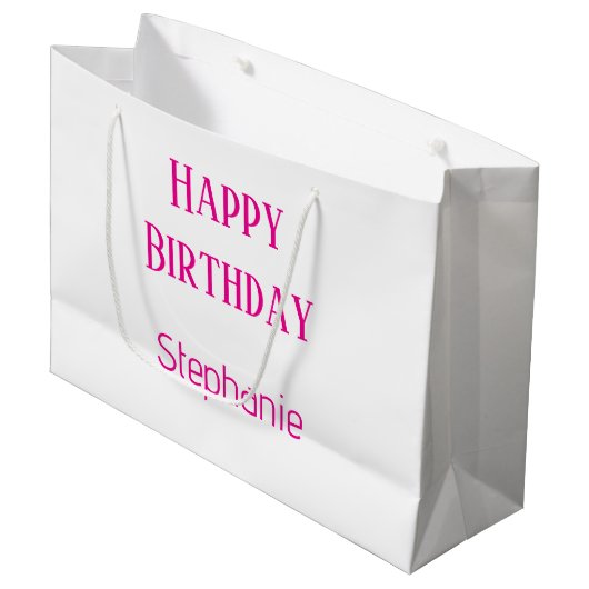 Happy Birthday Monogram Name White Hot Pink 2025 Große Geschenktüte (Vorderseite Schrägansicht)