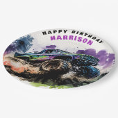 Happy Birthday Monster Truck Smash Crash Boy Pappteller (Schrägansicht)