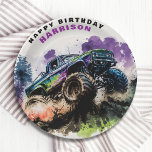 Happy Birthday Monster Truck Smash Crash Boy Pappteller<br><div class="desc">Zum Geburtstagsmonster Truck Smash Crash Boy Kids Paper Party Teller bietet ein Aquarellmonster LKW durch den Schmutz mit dem Text "Happy Birthday (Name)" in der modernen Typografie Skript. Ideal für Kinder-Geburtstagsfeiern. Designed by Evco Studio. Für die Koordination von Elementen siehe www.zazzle.com/store/evcostudio</div>