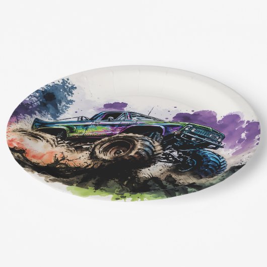 Happy Birthday Monster Truck Smash Crash Boy Pappteller (Schrägansicht)