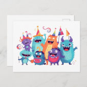 Happy Birthday. Monsterparty mit Monstern Postkarte (Vorne/Hinten)