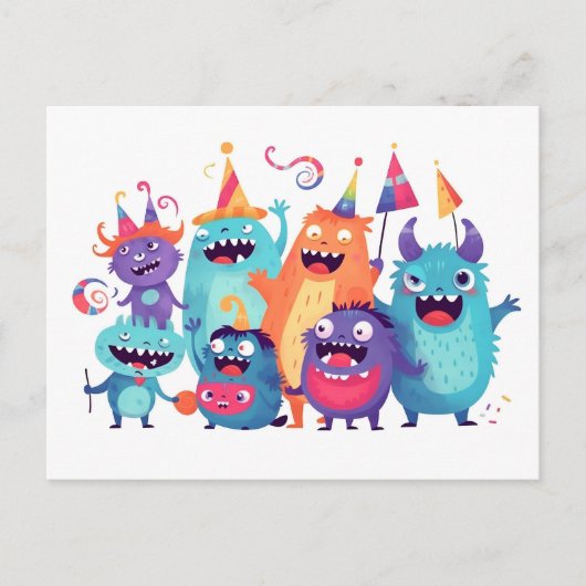Happy Birthday. Monsterparty mit Monstern Postkarte (Vorderseite)