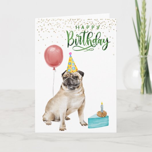 Happy Birthday Mops Hund Watercolor Karte (Vorderseite)