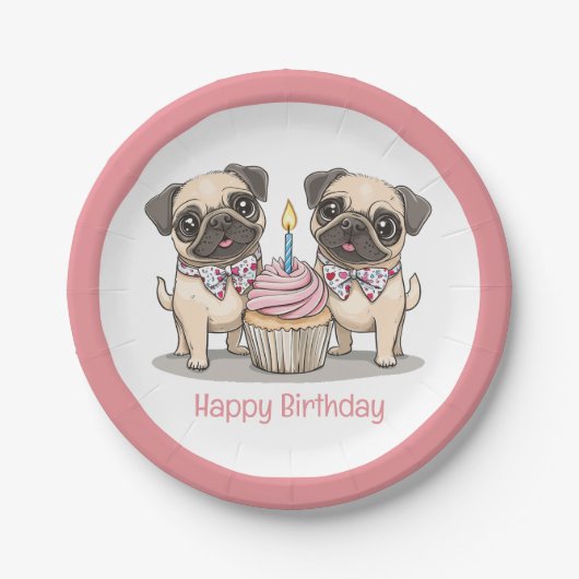 Happy Birthday Mops Hunde Cupcake Pappteller (Vorderseite)