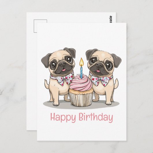 Happy Birthday Mops Hunde Cupcake Postkarte (Vorne/Hinten)
