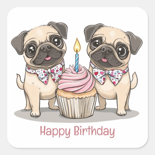 Happy Birthday Mops Hunde Cupcake Quadratischer Aufkleber (Vorderseite)