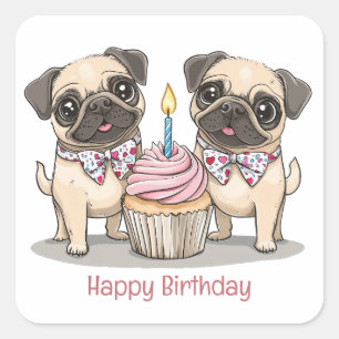 Happy Birthday Mops Hunde Cupcake Quadratischer Aufkleber