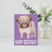Happy Birthday Mops Welpe Hund Lila Postkarte (Stehend Vorderseite)