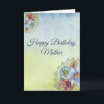 Happy Birthday Mother, Hübsche Pastel-Blume Karte<br><div class="desc">Diese feminine Blumengeburtkarte für Mutter hat eine Reihe von Blume in der unteren rechten und oberen links Ecke. Die vielen versteinerten Blume ähneln Gänseblümchen oder Sternen. Sie sind hellblau und staubfarben mit blassgelben Mittelpunkten. Es gibt einige Blätter, die eine leichte Bräune sind. Hinter den Blume liegt ein Haufen, um einen...</div>