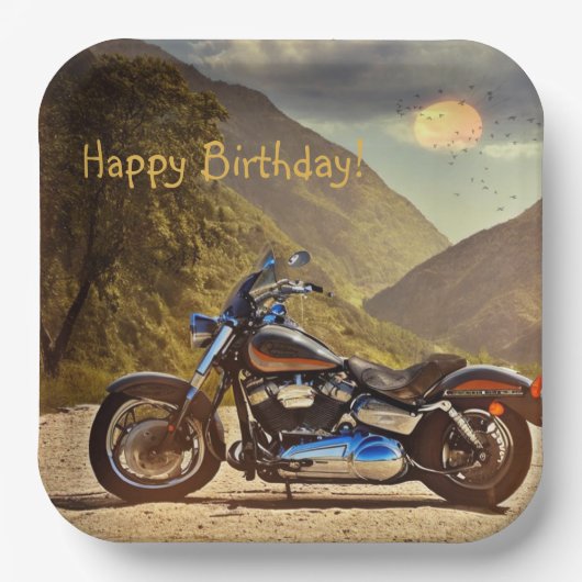 Happy Birthday Motorrad Pappteller (Vorderseite)