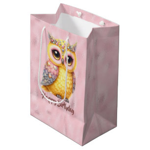 Happy Birthday Multicolored Owl on Pink Mittlere Geschenktüte