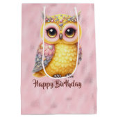 Happy Birthday Multicolored Owl on Pink Mittlere Geschenktüte (Rückseite)