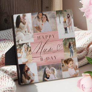 Happy Birthday Mum Foto Collage Pink Woodgrain Fotoplatte