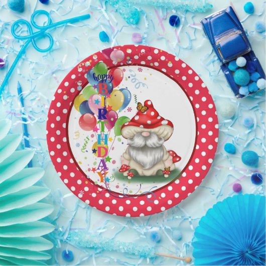 Happy Birthday Mushroom Gnome Paper Plate Pappteller (Party)