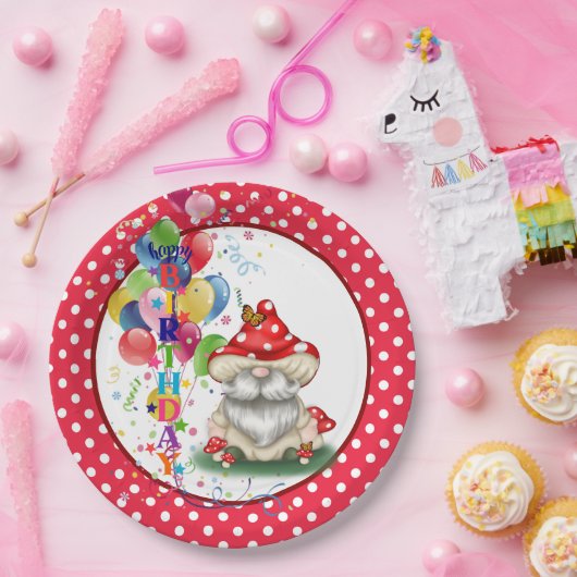 Happy Birthday Mushroom Gnome Paper Plate Pappteller (Party)