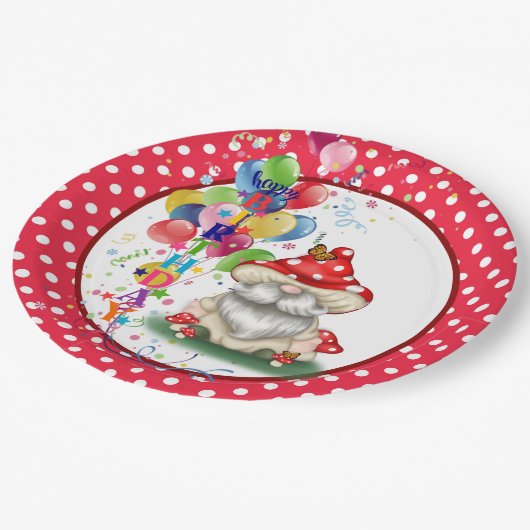 Happy Birthday Mushroom Gnome Paper Plate Pappteller (Schrägansicht)