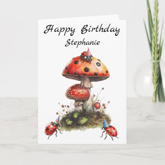 Happy Birthday Mushroom Ladybugs Karte (Vorderseite)