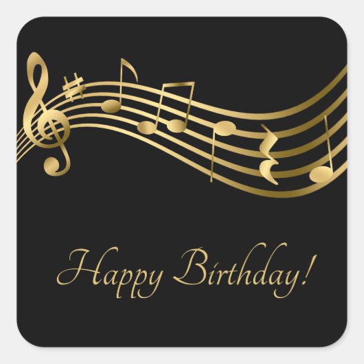Happy Birthday Musical Notes Black&Gold Elegant Quadratischer Aufkleber (Vorderseite)