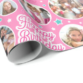 Happy Birthday Name Age Foto Collage Bright Pink Geschenkpapier (Rolleneckpunkt)