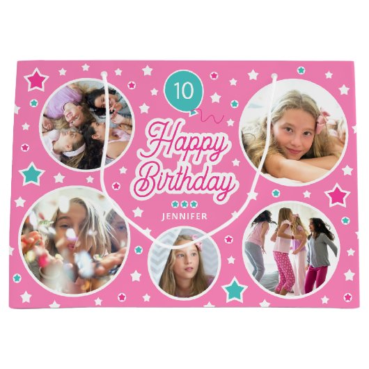 Happy Birthday Name Age Foto Collage Bright Pink Große Geschenktüte (Vorderseite)