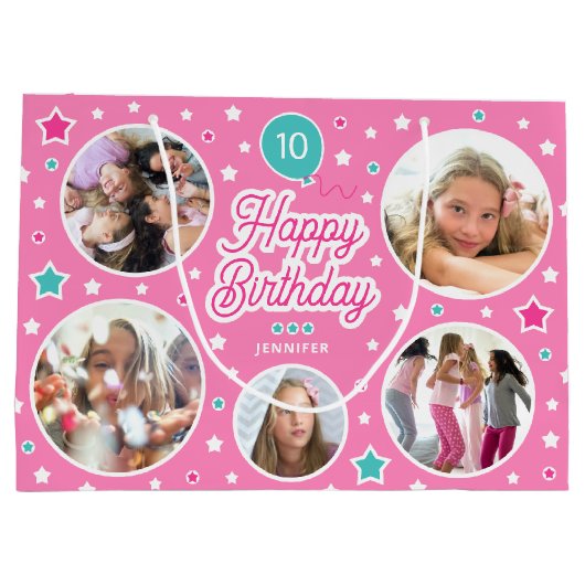 Happy Birthday Name Age Foto Collage Bright Pink Große Geschenktüte (Rückseite)