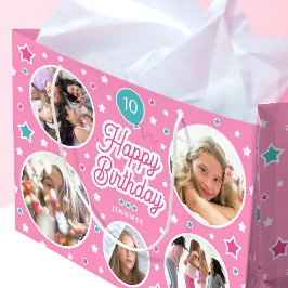 Happy Birthday Name Age Foto Collage Bright Pink Große Geschenktüte