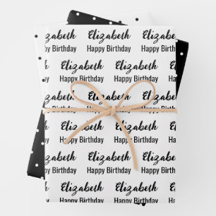 Happy Birthday Name Black and White Polka Dots Geschenkpapier Set