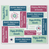 Happy Birthday Name Blue Mint Green Dunkel Pink Geschenkpapier (Flach)