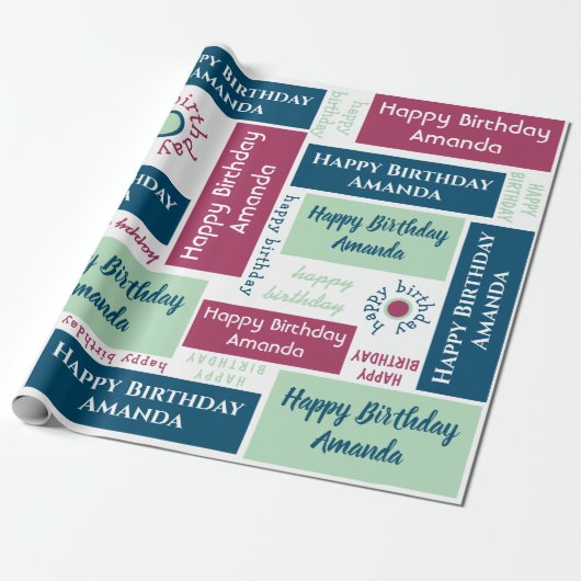 Happy Birthday Name Blue Mint Green Dunkel Pink Geschenkpapier (Ungerollt)