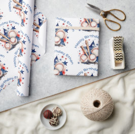 Happy Birthday Name Blue Red Bat Baseball Geschenkpapier