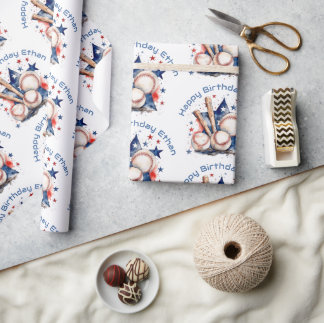 Happy Birthday Name Blue Red Bat Baseball Geschenkpapier