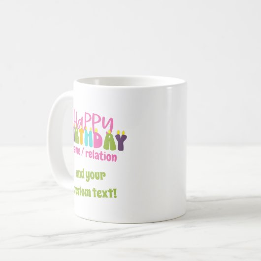 Happy Birthday Name Custom Text Farbige Kerzen Kaffeetasse (Vorderseite Links)