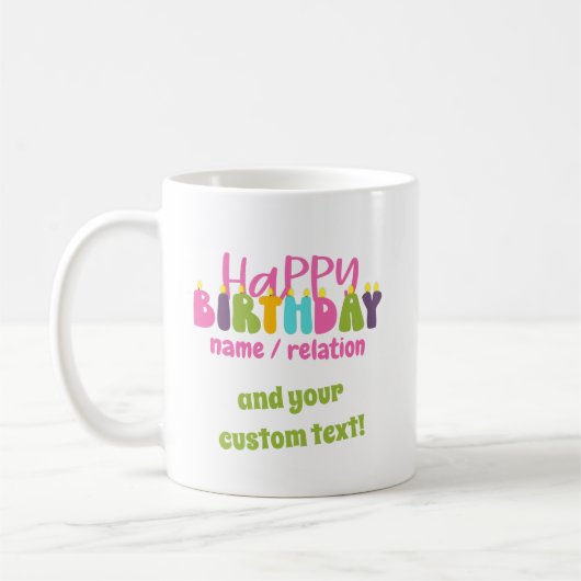 Happy Birthday Name Custom Text Farbige Kerzen Kaffeetasse (Links)