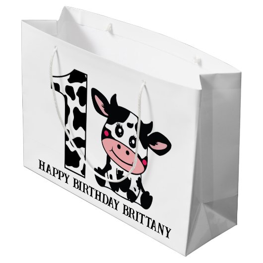 Happy Birthday Name Farm Kuh Kinder unisex Große Geschenktüte (Rückseite Schrägansicht)