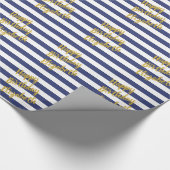 Happy Birthday Name Gold Script Blue White Stripes Geschenkpapier (Ecke)
