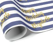 Happy Birthday Name Gold Script Blue White Stripes Geschenkpapier (Rolleneckpunkt)