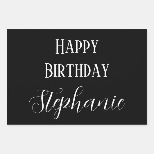 Happy Birthday Name Monogram Gold Schwarz-weiß Geschenkpapier Set (Vorderseite)