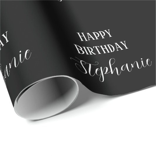 Happy Birthday Name Monogram Schwarz-weiß Modern Geschenkpapier (Rolleneckpunkt)