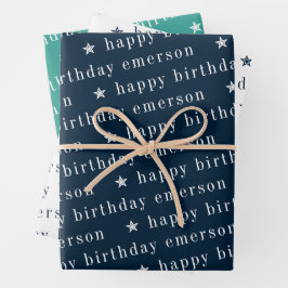 Happy Birthday Name Pattern Blau Aquamarin Geschenkpapier Set