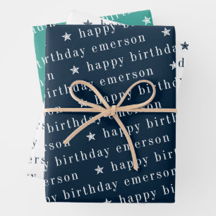 Happy Birthday Name Pattern Blau Aquamarin Geschenkpapier Set