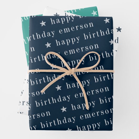 Happy Birthday Name Pattern Blau Aquamarin Geschenkpapier Set (Beispiel)