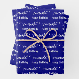 Happy Birthday Navy Blau und Weiß Name Muster Geschenkpapier Set