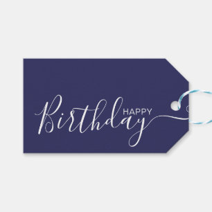 Happy Birthday Navy Blue White Modern Geschenkanhänger