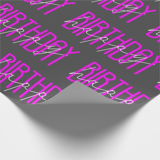 Happy Birthday Neon Pink auf Grau Geschenkpapier (Ecke)