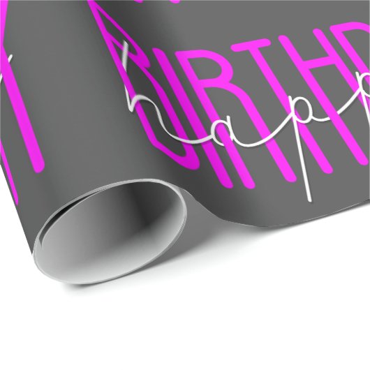 Happy Birthday Neon Pink auf Grau Geschenkpapier (Rolleneckpunkt)