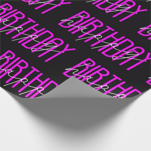 Happy Birthday Neon Pink auf schwarz Geschenkpapier (Ecke)