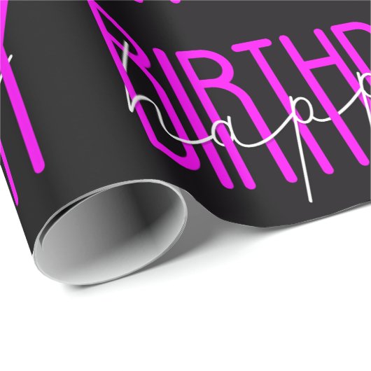 Happy Birthday Neon Pink auf schwarz Geschenkpapier (Rolleneckpunkt)
