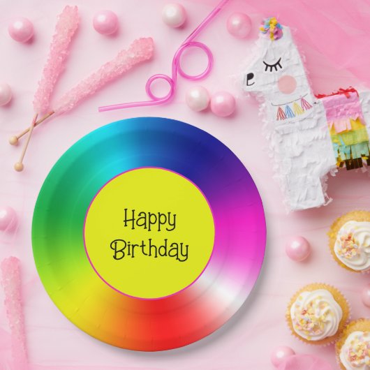 Happy Birthday Neon Rainbow Vortex Pappteller (Party)