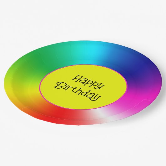 Happy Birthday Neon Rainbow Vortex Pappteller (Schrägansicht)